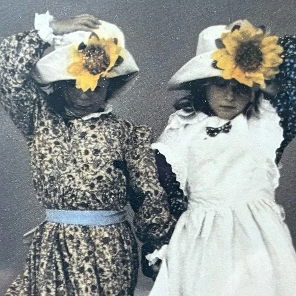 “Girlfriends” - two adorable girls in vintage dresses & hats with sunflowers - Picture 5 of 7